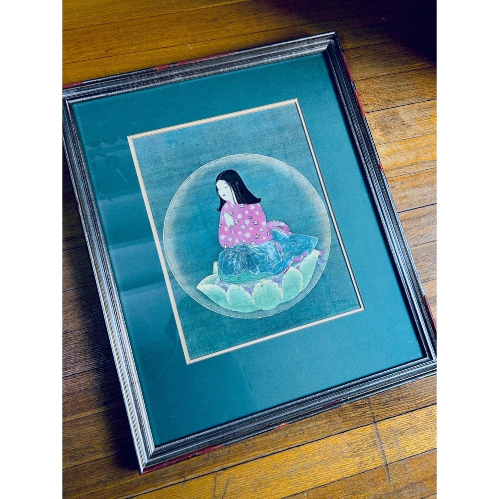 Japanese Chigo Daishi As A Child Framed Print 23" Buddhist Lotus Artwork 23in